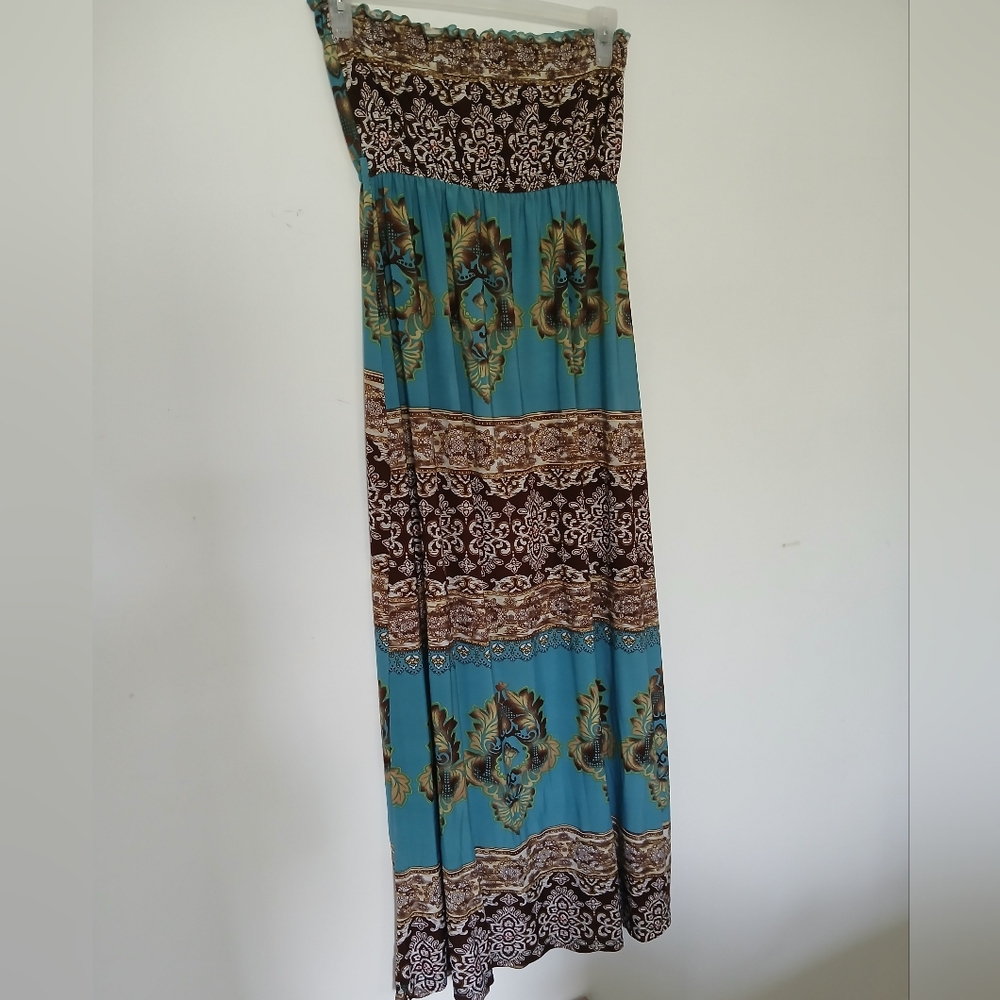 Bohemian Strapless Maxi Dress in Teal and Brown